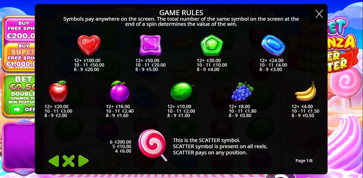 Simboli un izmaksu tabula Sweet-Bonanza-Super-Scatter-simboli-un-izmaksas